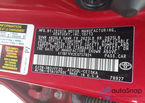 2014 Toyota Camry Se z USA, uszkodzony, nr VIN 4T1BF1FK2EU757824